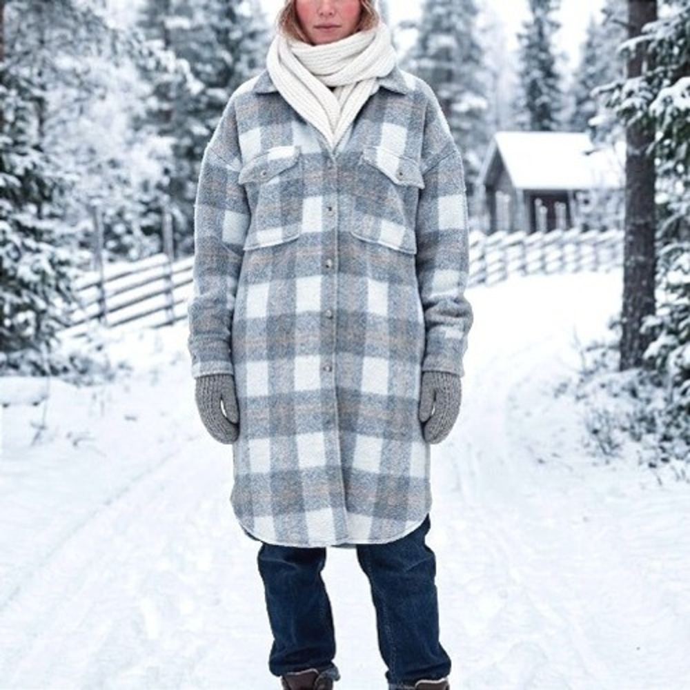 VICI Gray Beige Plaid Oversize Lagenlook Button-Down Longline Shacket Coat M/L